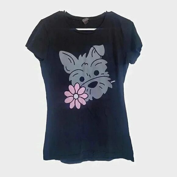 Instant Message Women's Black Cotton Schnauzer w Flower Short Sleeve Round Neck - Picture 2 of 6